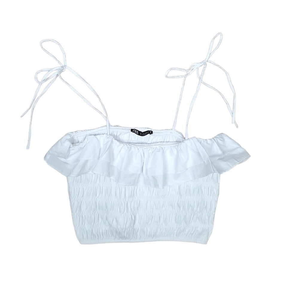 🏆027 Zara Ruffled Smocked White Crop Tank Top